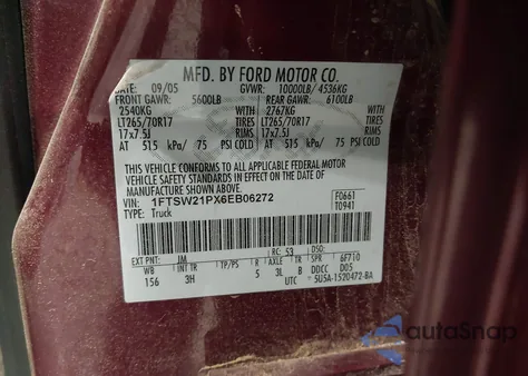 2006 Ford F-250 Lariat/Xl/Xlt из США, поврежденный, VIN 1FTSW21PX6EB06272